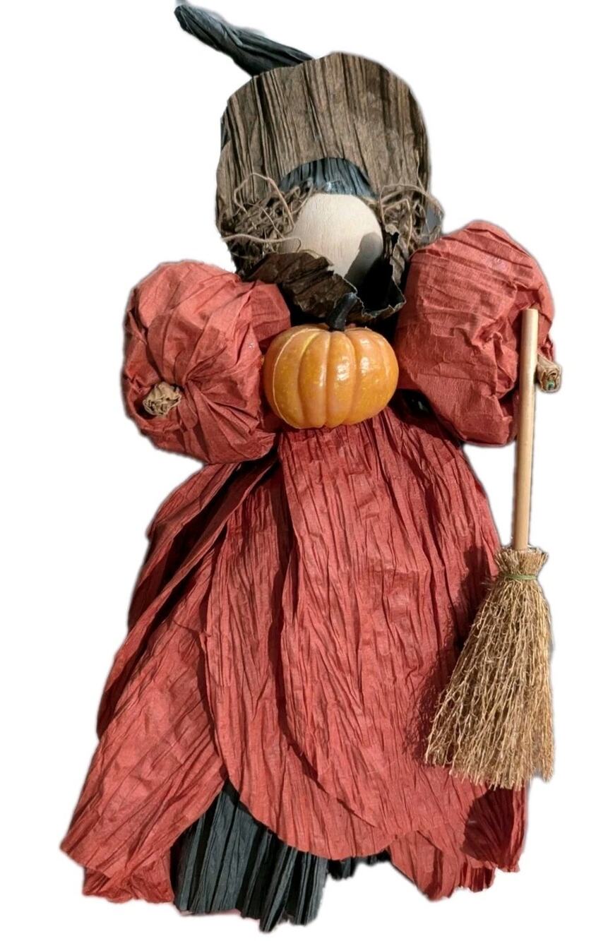 Vtg Primitive Folk Art Halloween Witch Doll Crepe Farmhouse Pumpkin Blank Face